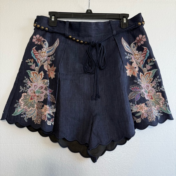 Zimmermann Rhiannon Tuck Paisley Linen Shorts Women 12 US Navy Floral High Waist - Picture 4 of 17
